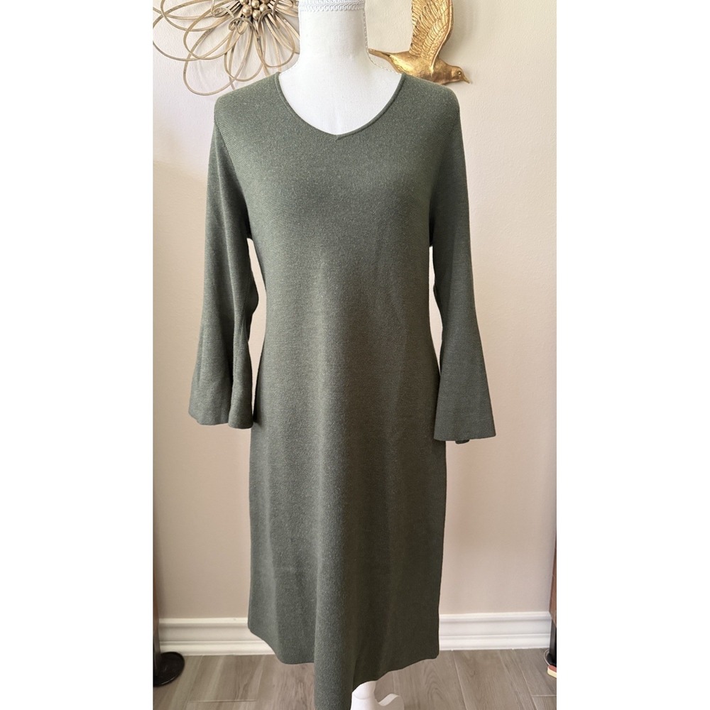 Talbots Pure Merino Wool Sweater Dress Medium Olive Green Bell Sleeve Midi